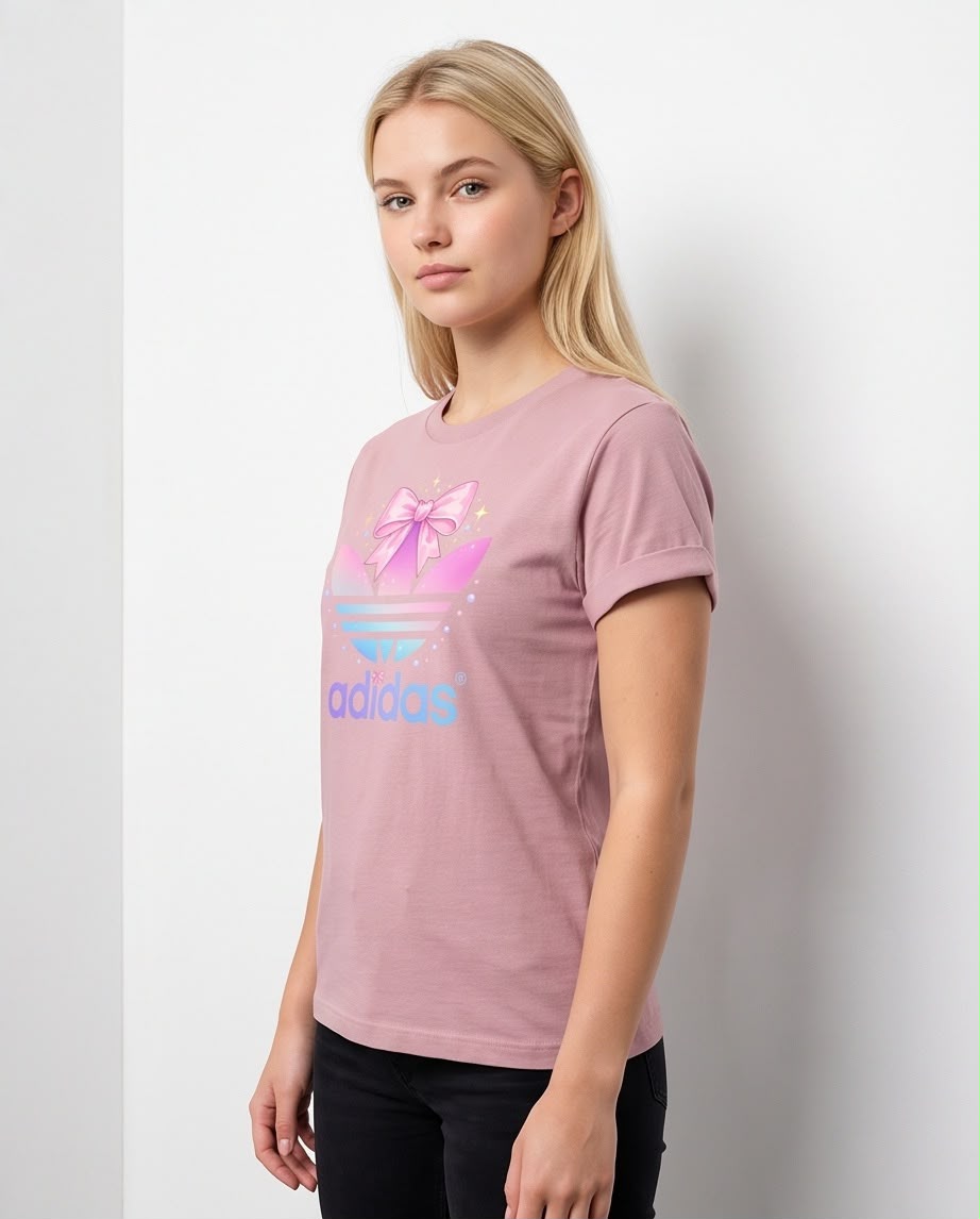 Camiseta rosa viejo adidas trébol con lazo pastel, vista lateral