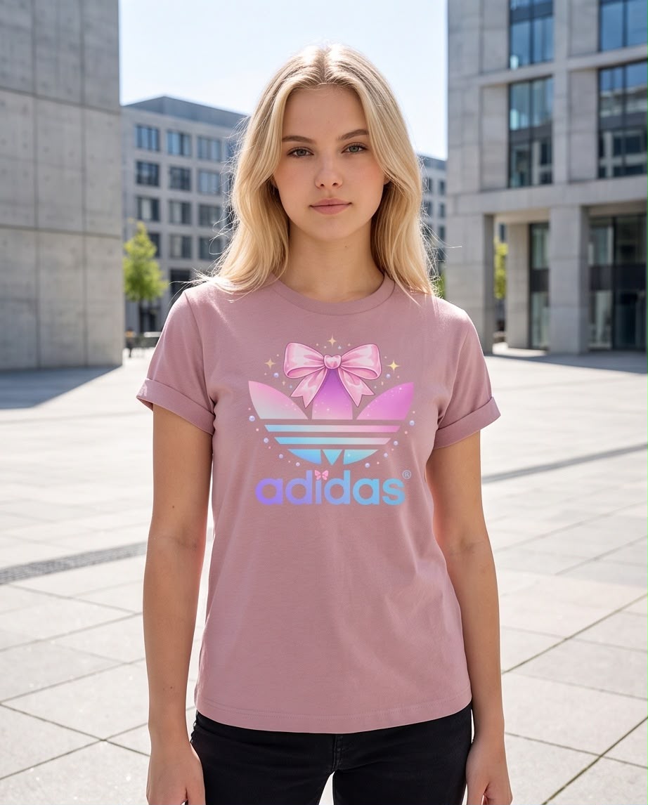 Detalle del estampado adidas trébol pastel con lazo rosa