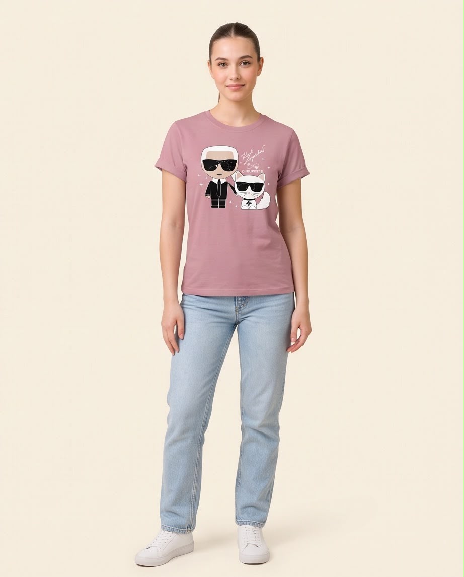 Camiseta rosa viejo de mujer Karl y Choupette, vista completa