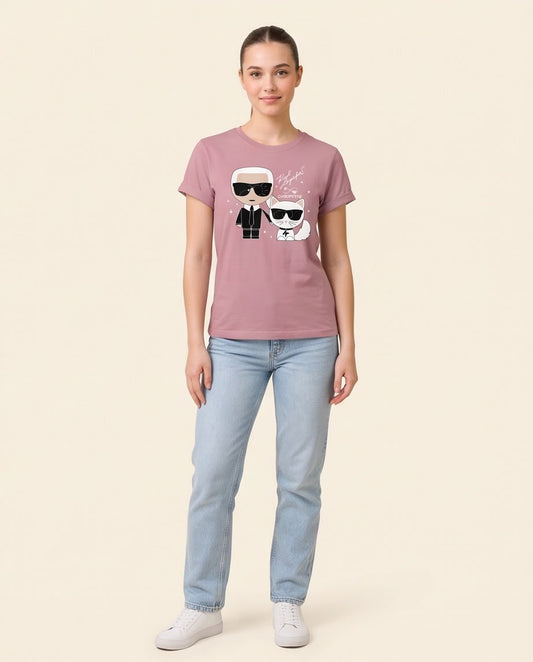 Camiseta rosa viejo de mujer Karl y Choupette, vista completa