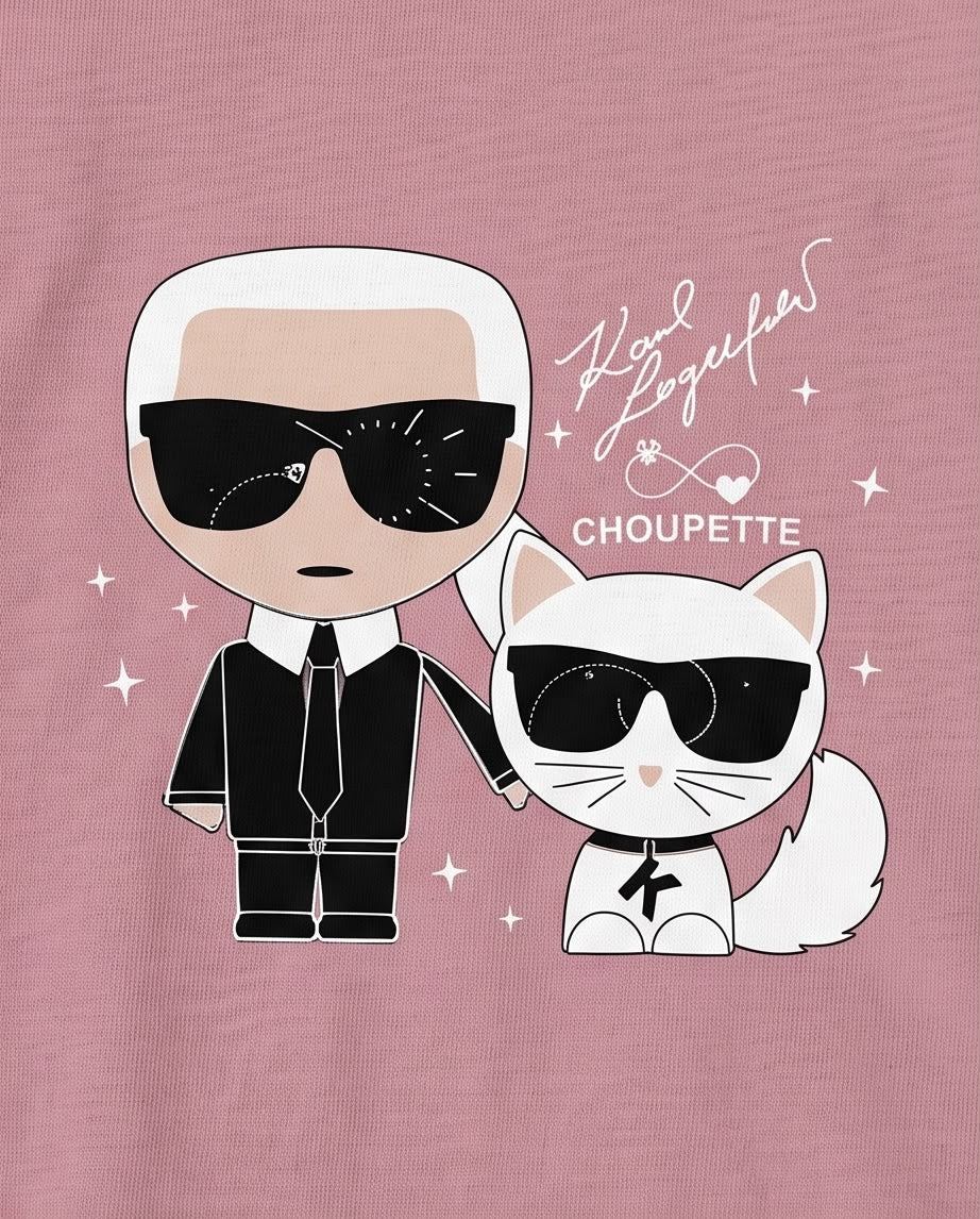 Detalle del estampado de Karl Lagerfeld y Choupette con gafas negras