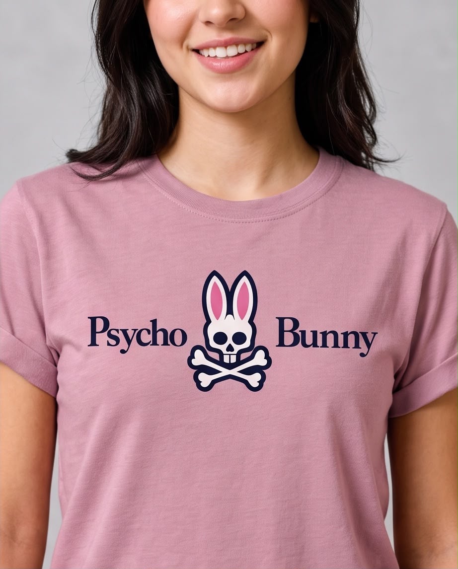 Detalle del estampado Psycho Bunny negro con conejo blanco