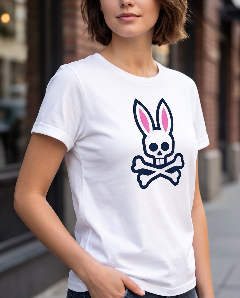 Vista lateral de camiseta blanca con calavera de conejo