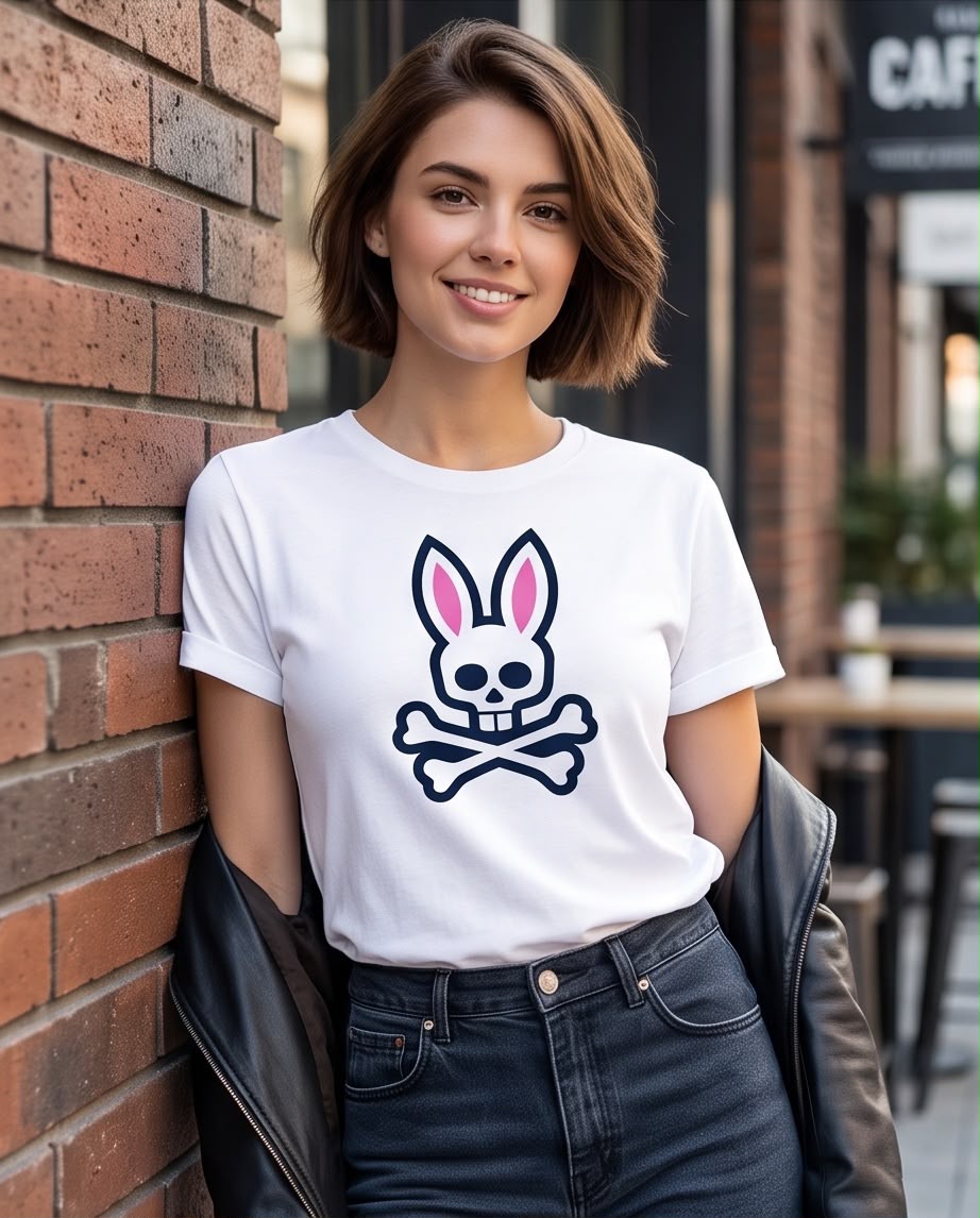 Vista frontal de camiseta blanca Psycho Bunny calavera de conejo