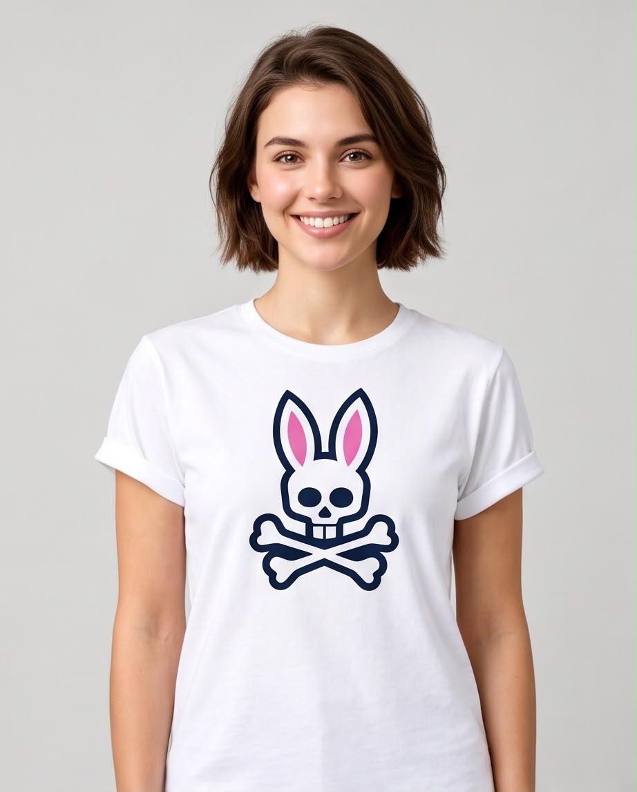 Detalle del estampado de calavera de conejo y orejas rosadas