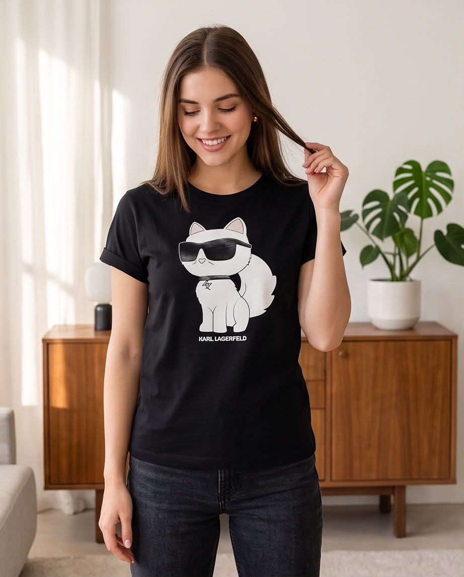Vista lateral de camiseta negra Choupette