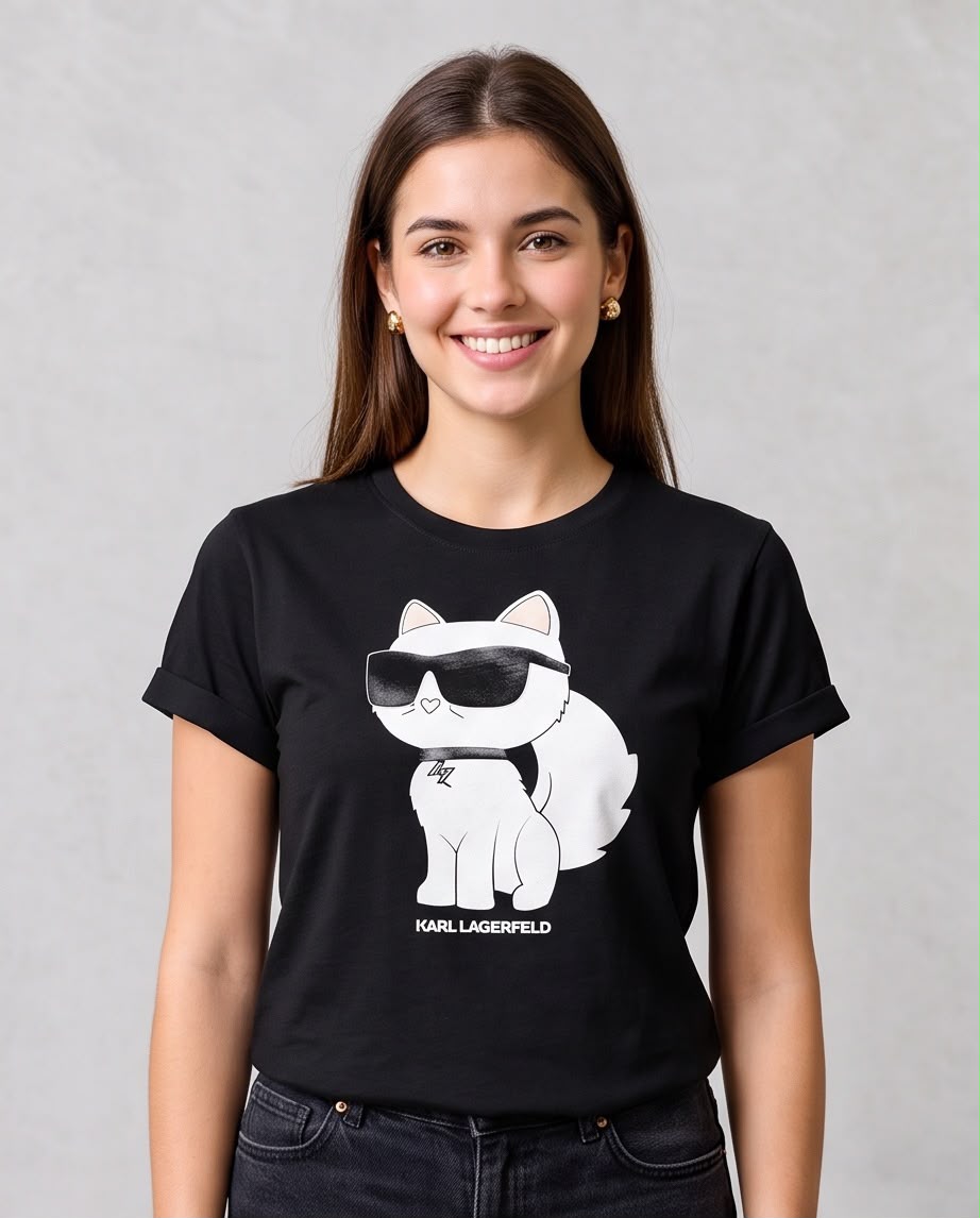 Camiseta negra Karl Lagerfeld Choupette con gafas vista frontal