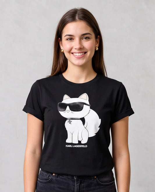 Camiseta negra Karl Lagerfeld Choupette con gafas vista frontal