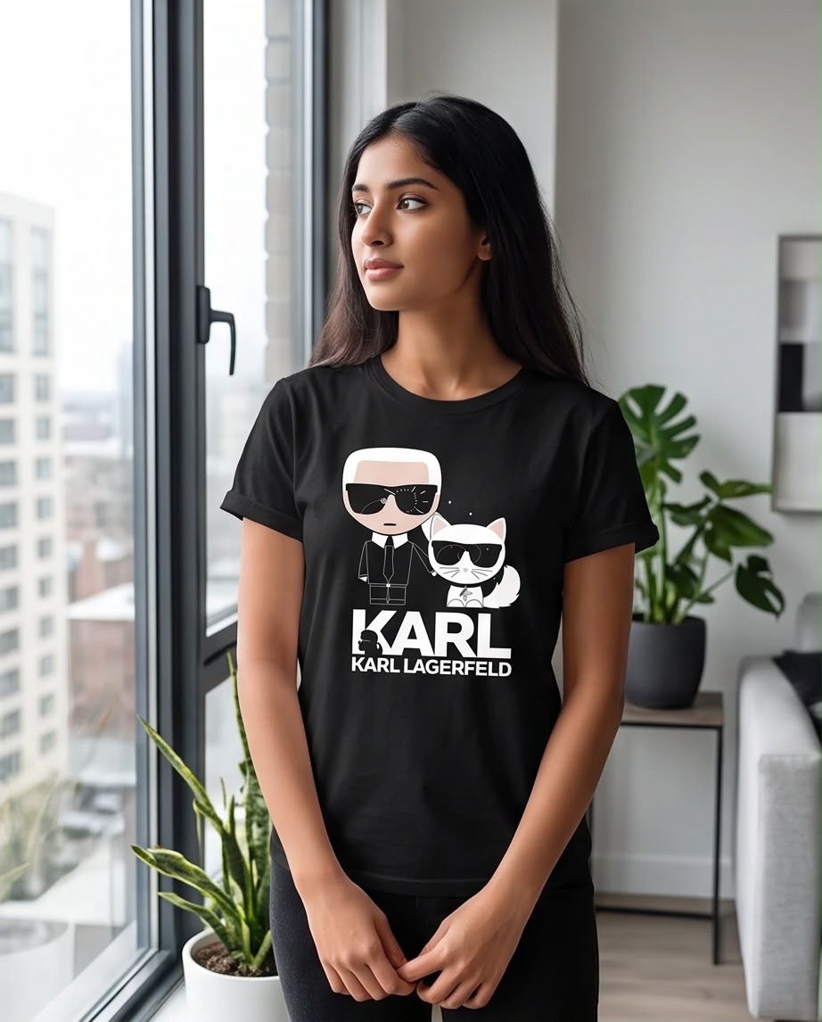 Camiseta negra Karl y Choupette combinada con jeans