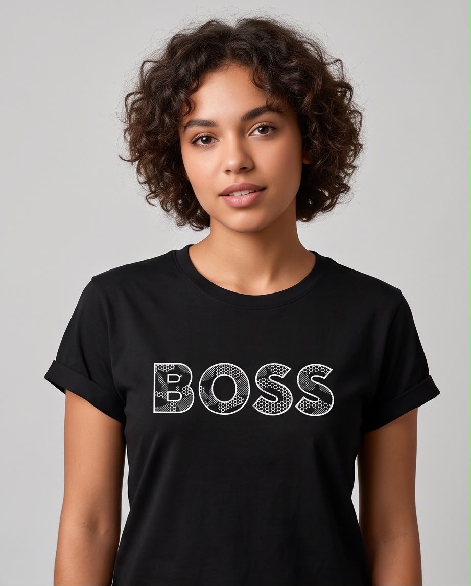 Detalle del estampado BOSS blanco con patrón de puntos y celdas