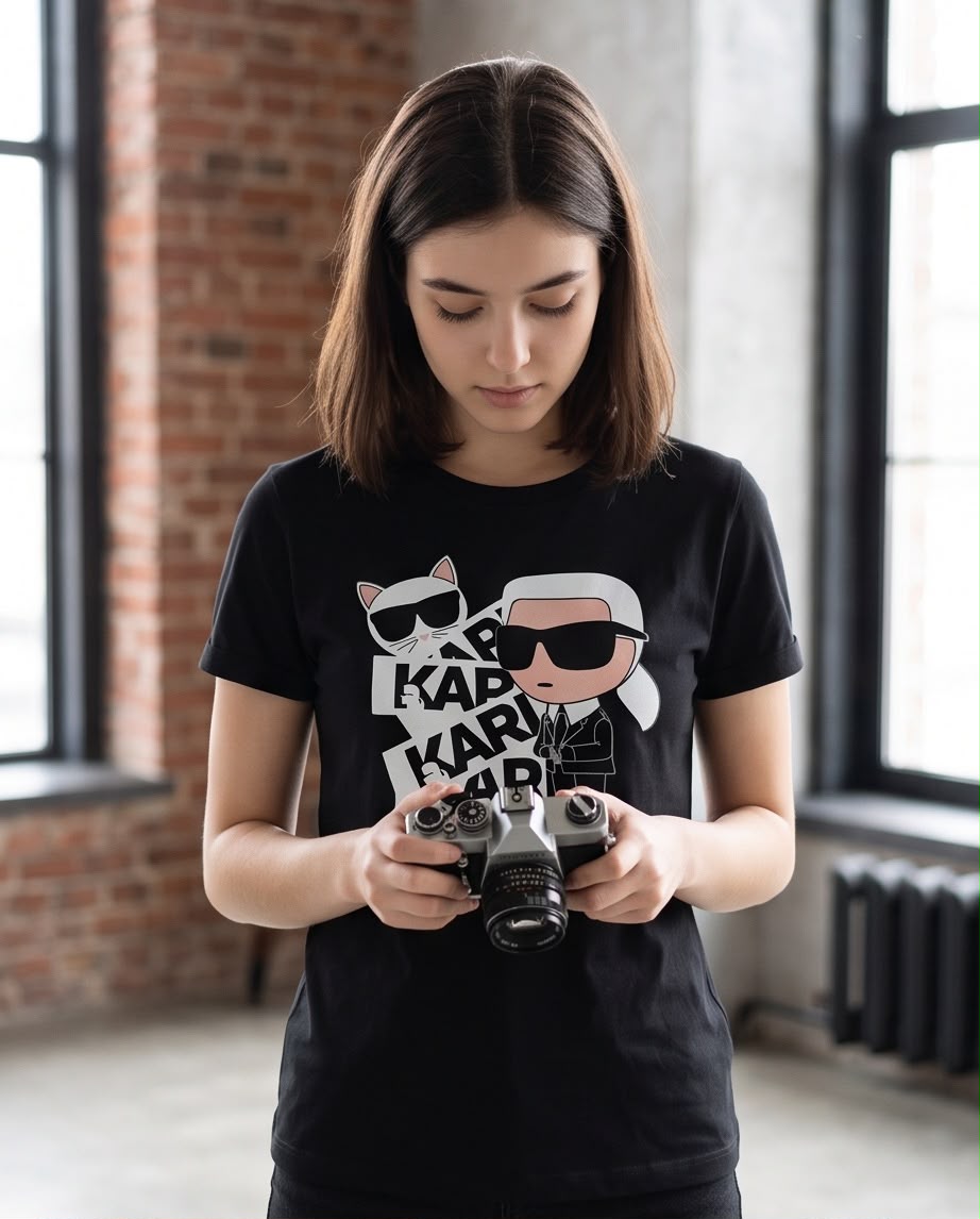 Vista lateral de camiseta negra Karl y Choupette