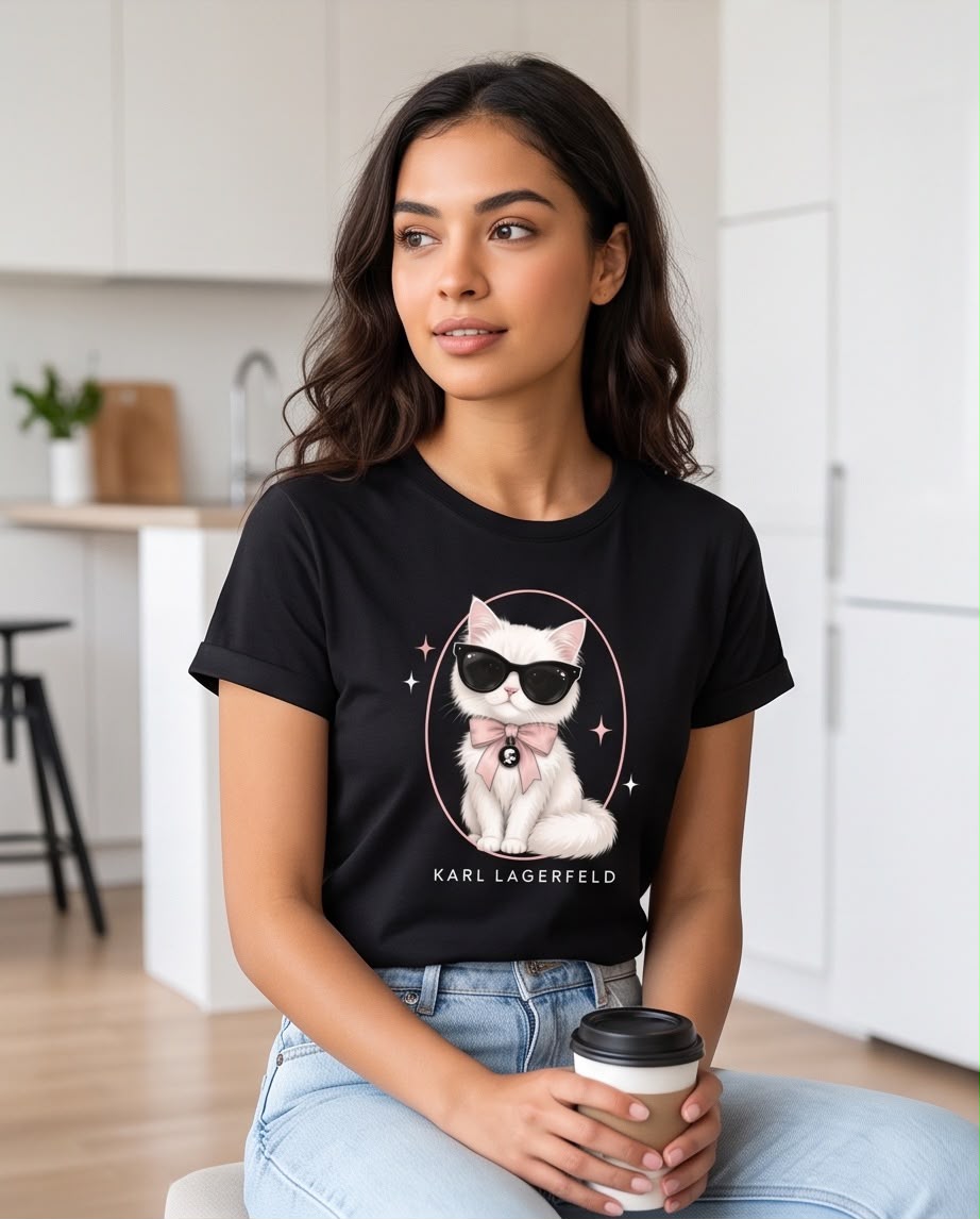 Camiseta negra Choupette lazo rosa combinada con jeans claros