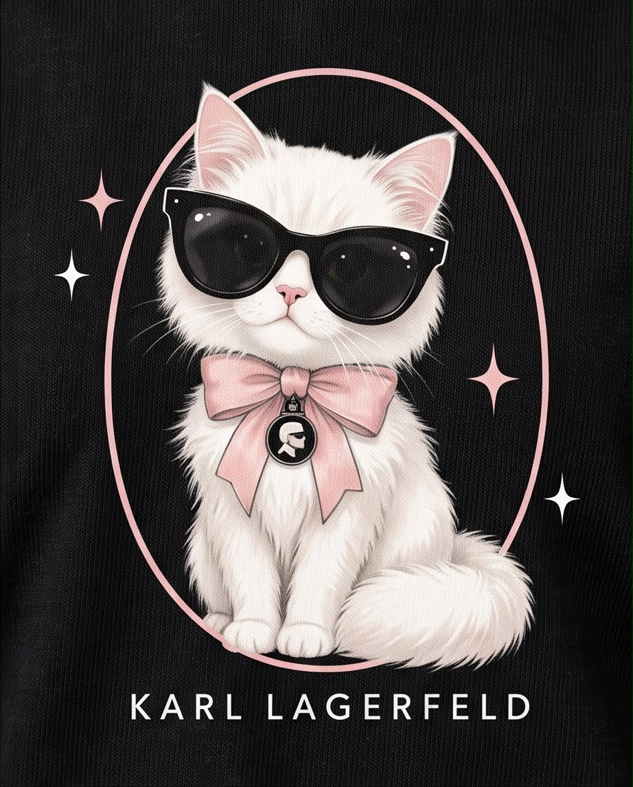 Camiseta negra Choupette con lazo rosa, vista frontal