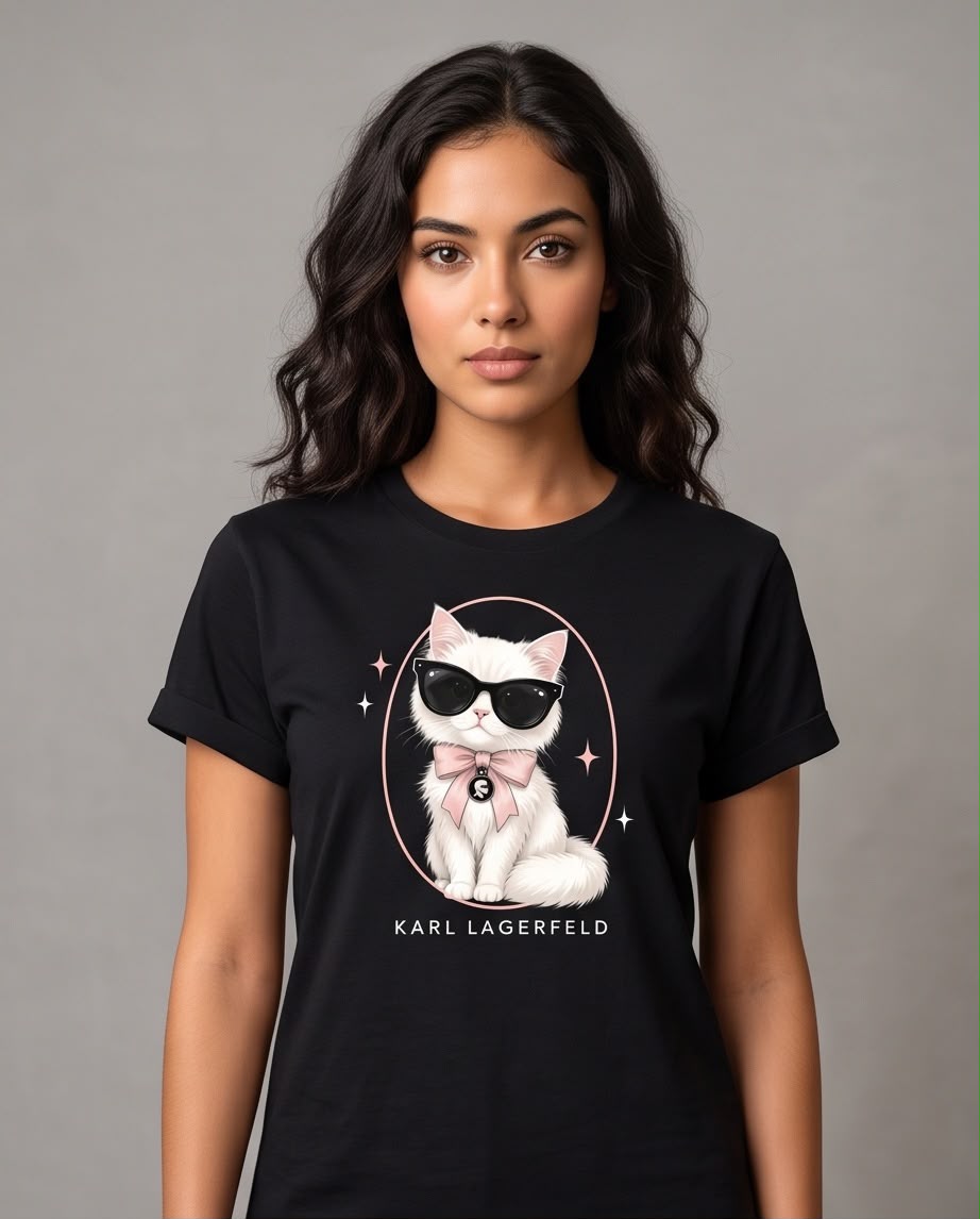 Camiseta negra Choupette lazo rosa en look casual