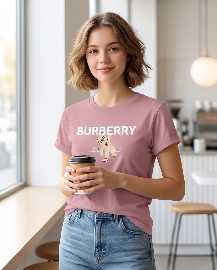 Camiseta rosa viejo Burberry en look casual con jeans