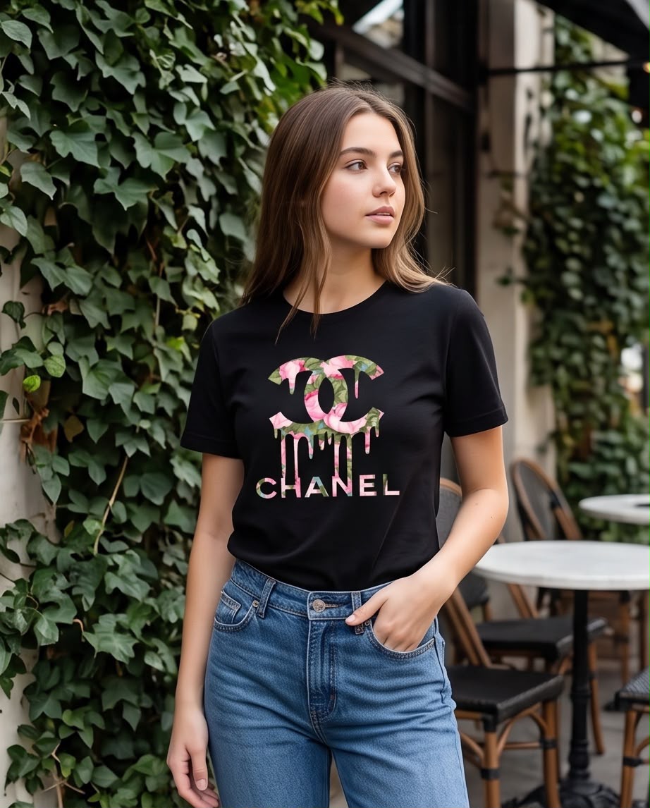 Camiseta negra Chanel floral en look de cuerpo completo
