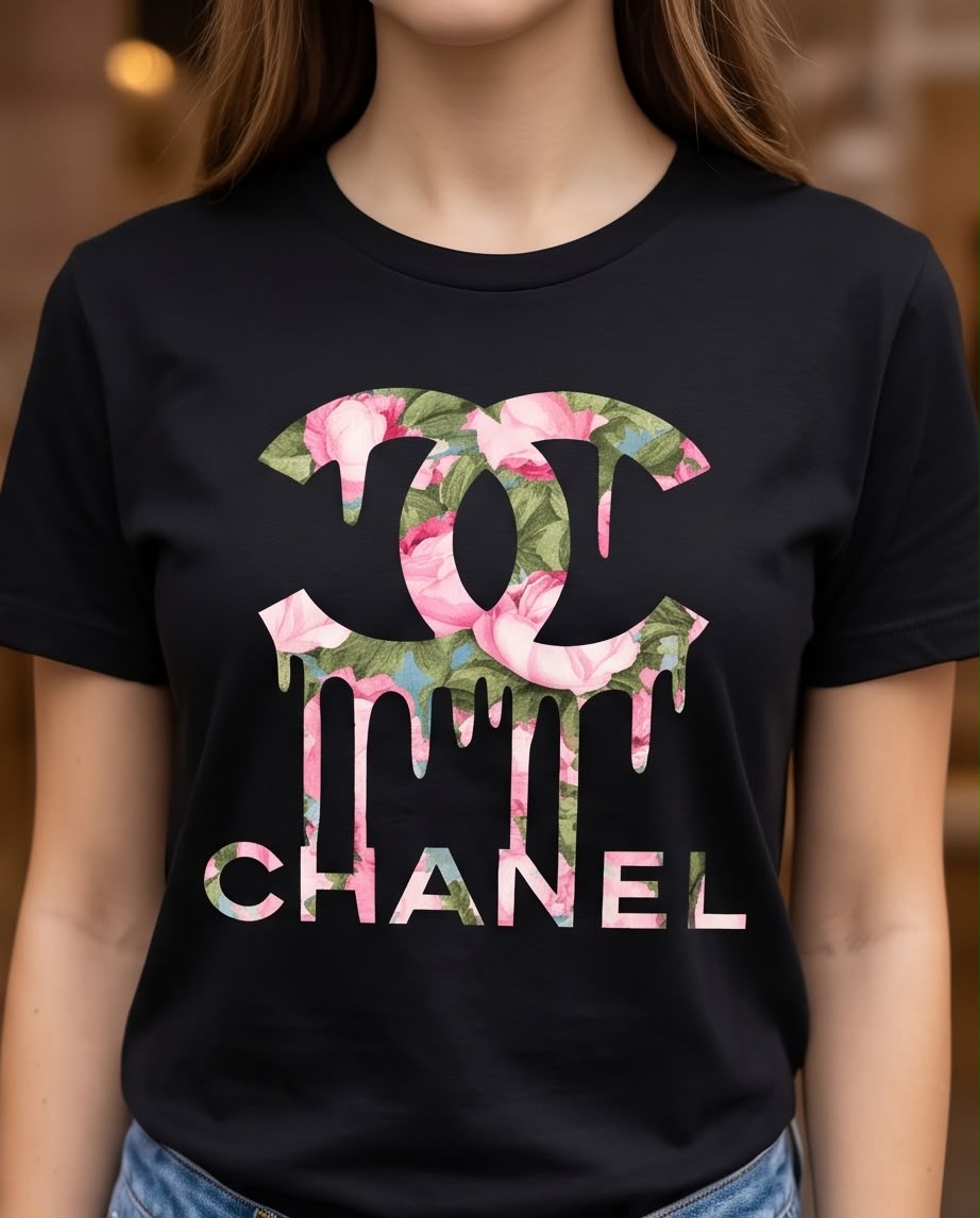 Camiseta negra Chanel floral en look casual exterior