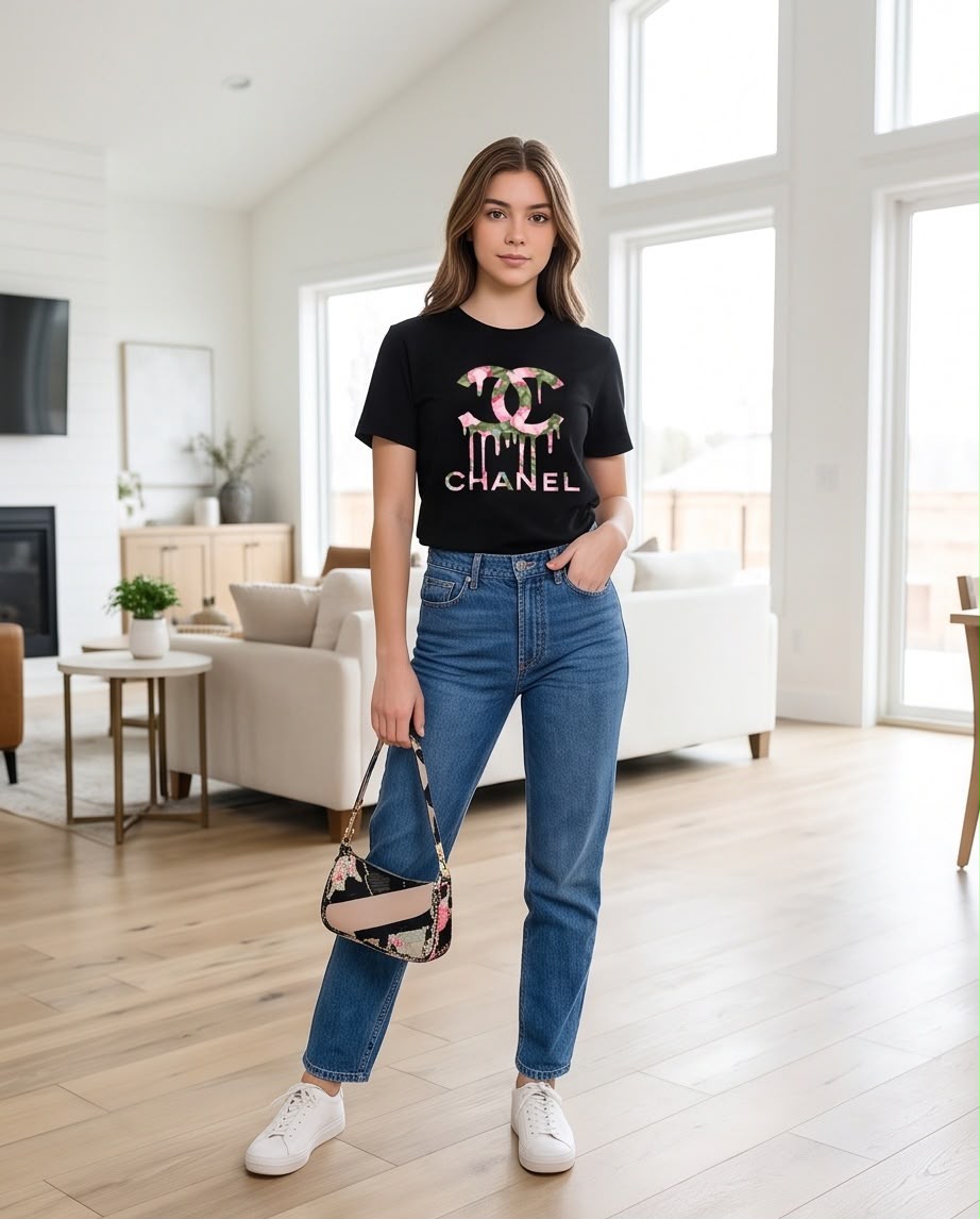 Camiseta negra Chanel floral rosa y verde, vista frontal