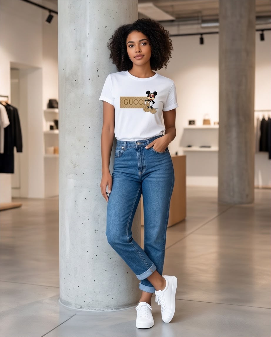 Camiseta blanca Gucci y Mickey en look de cuerpo completo