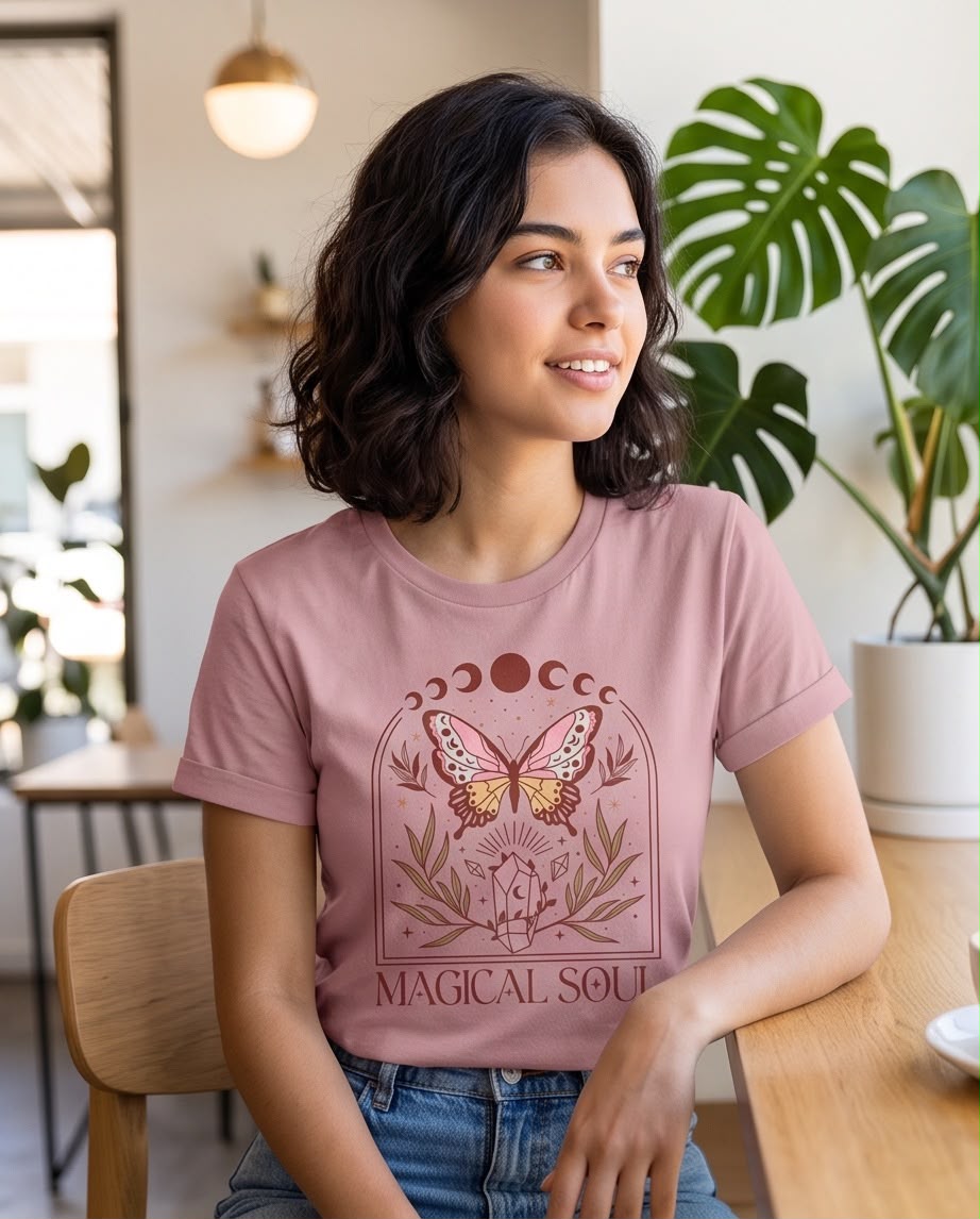 Camiseta rosa viejo Magical Soul en look casual interior