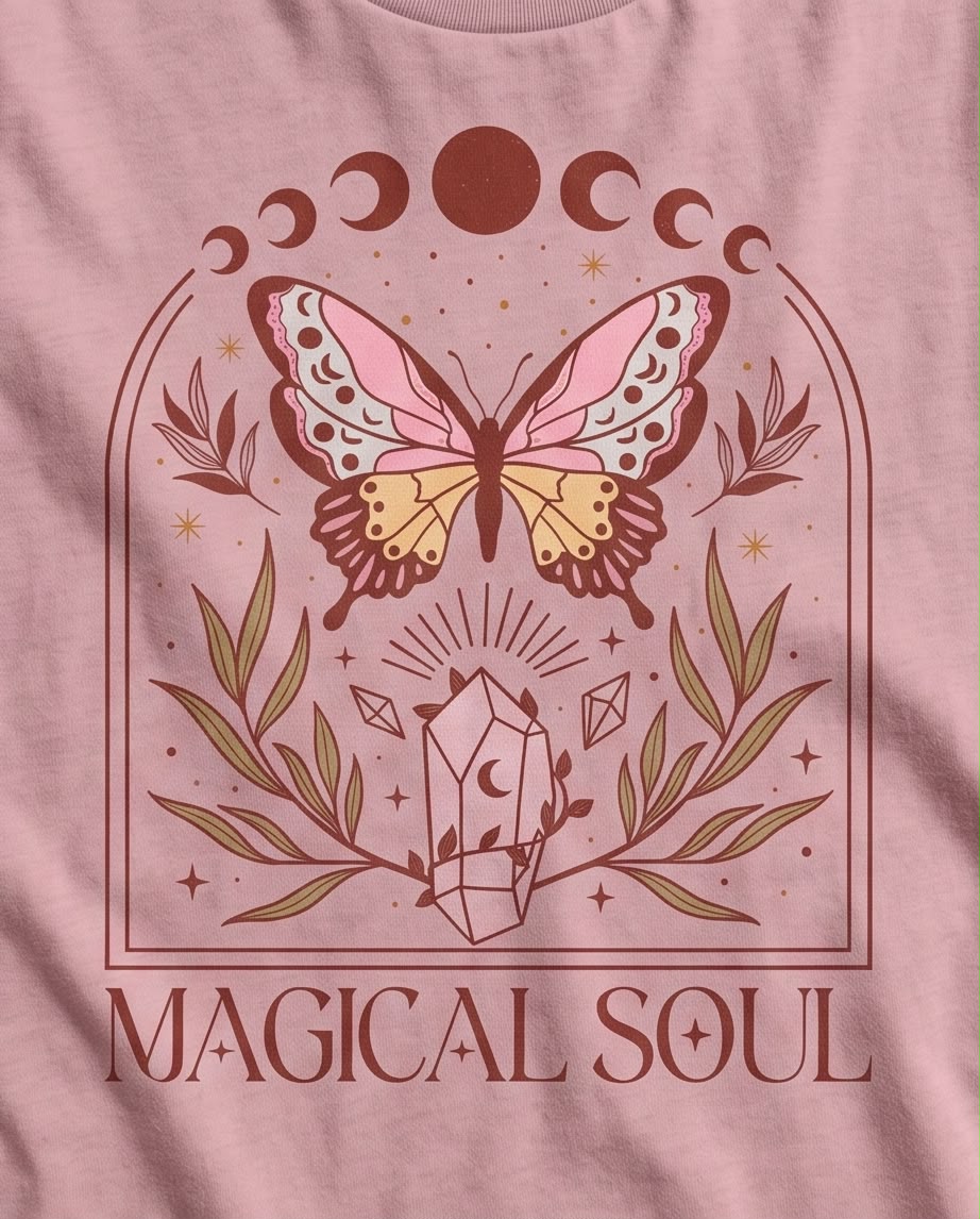 Detalle de estampado Magical Soul con mariposa, fases lunares y cristal