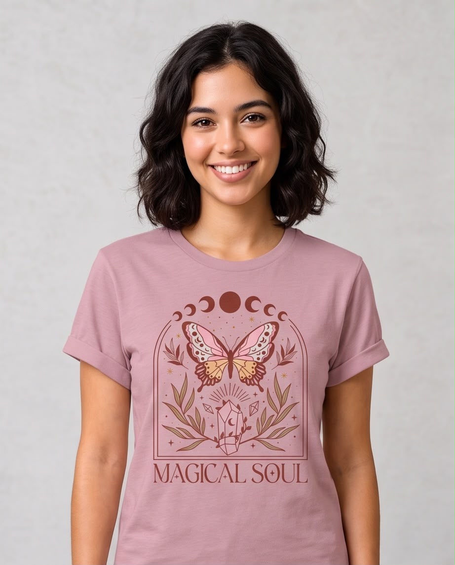 Camiseta rosa viejo Magical Soul junto a pared clara