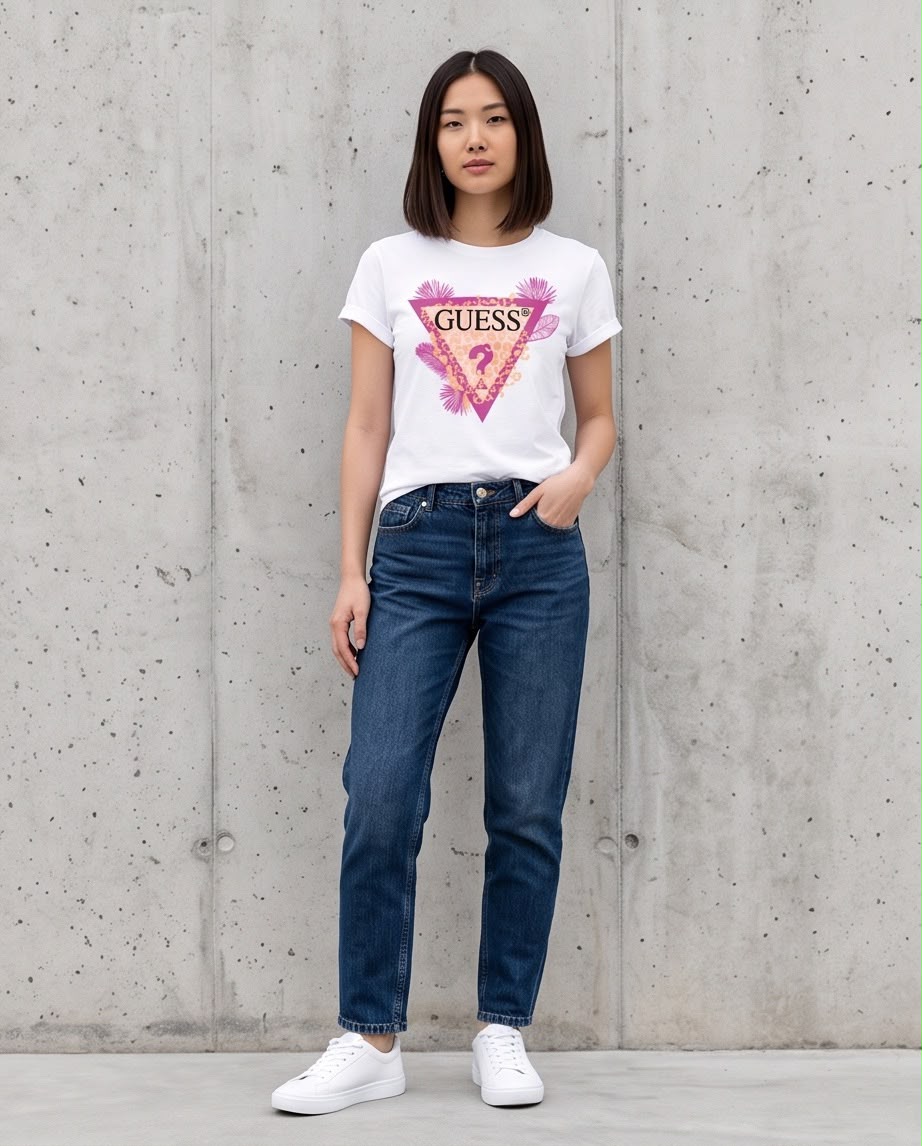 Camiseta blanca Guess triángulo animal y hojas, vista frontal