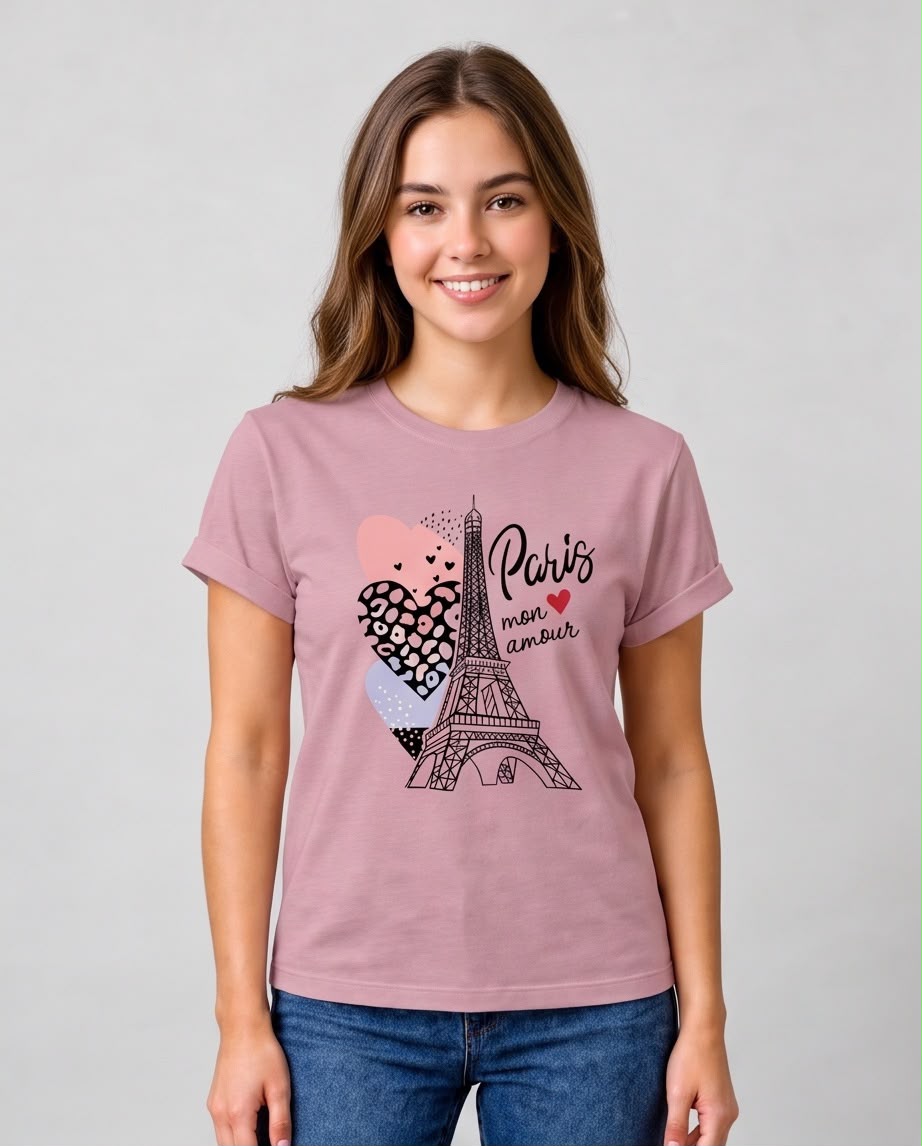 Camiseta rosa viejo Paris mon amour Torre Eiffel, vista frontal