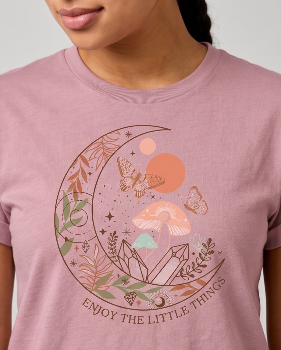 Detalle del estampado de luna, mariposas y cristales