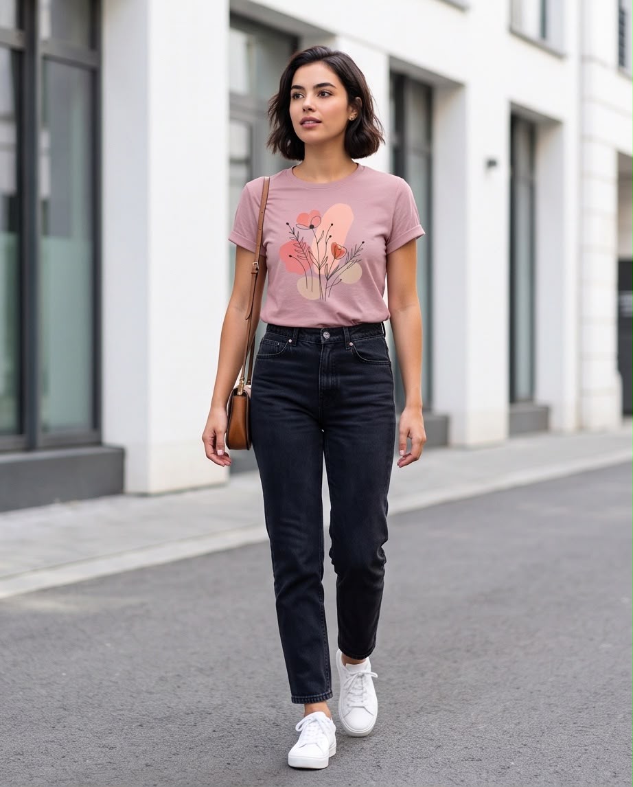 Detalle del estampado floral de líneas negras y formas rosadas