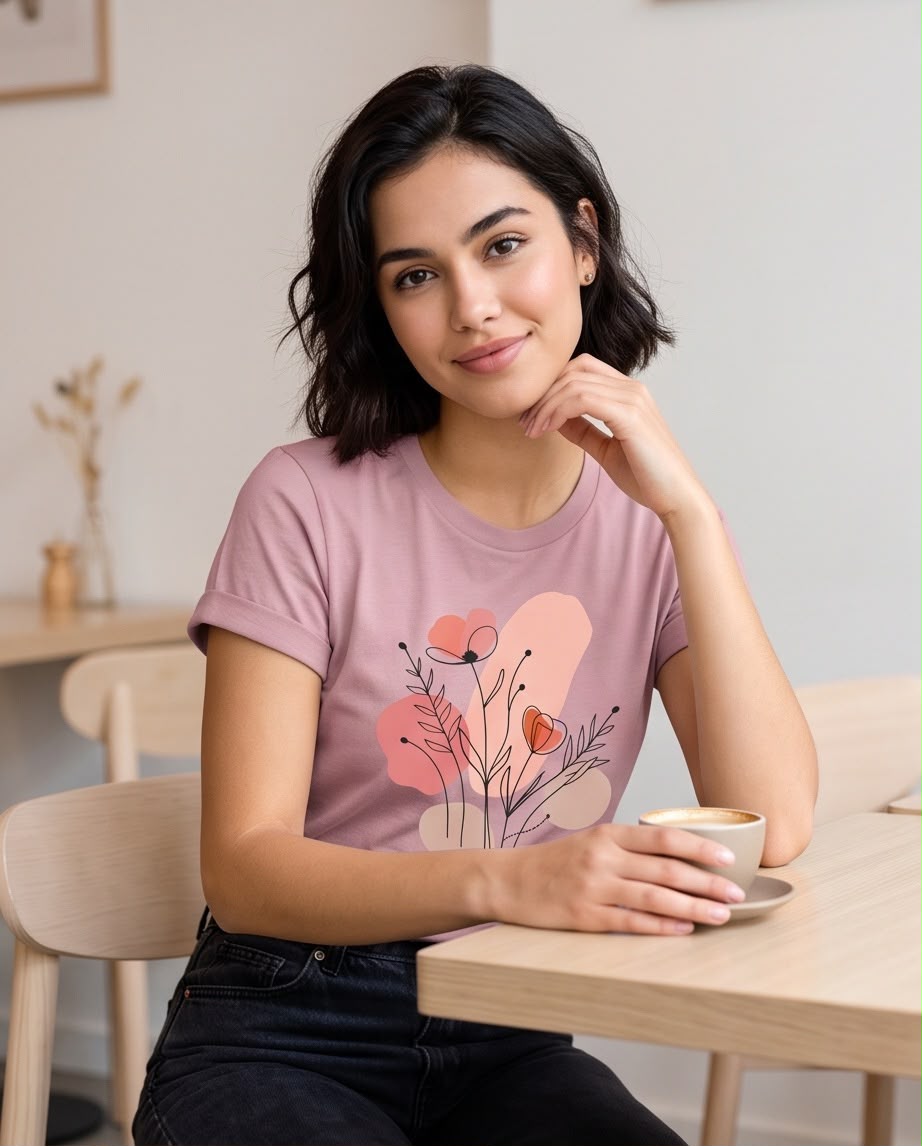 Camiseta rosa viejo de mujer con flores lineales, vista frontal