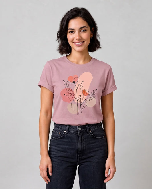 Camiseta rosa viejo floral en look casual sentado
