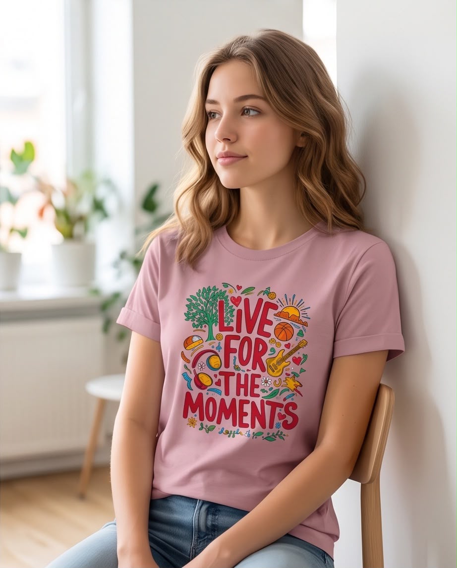 Detalle del estampado Live For The Moments con dibujos coloridos