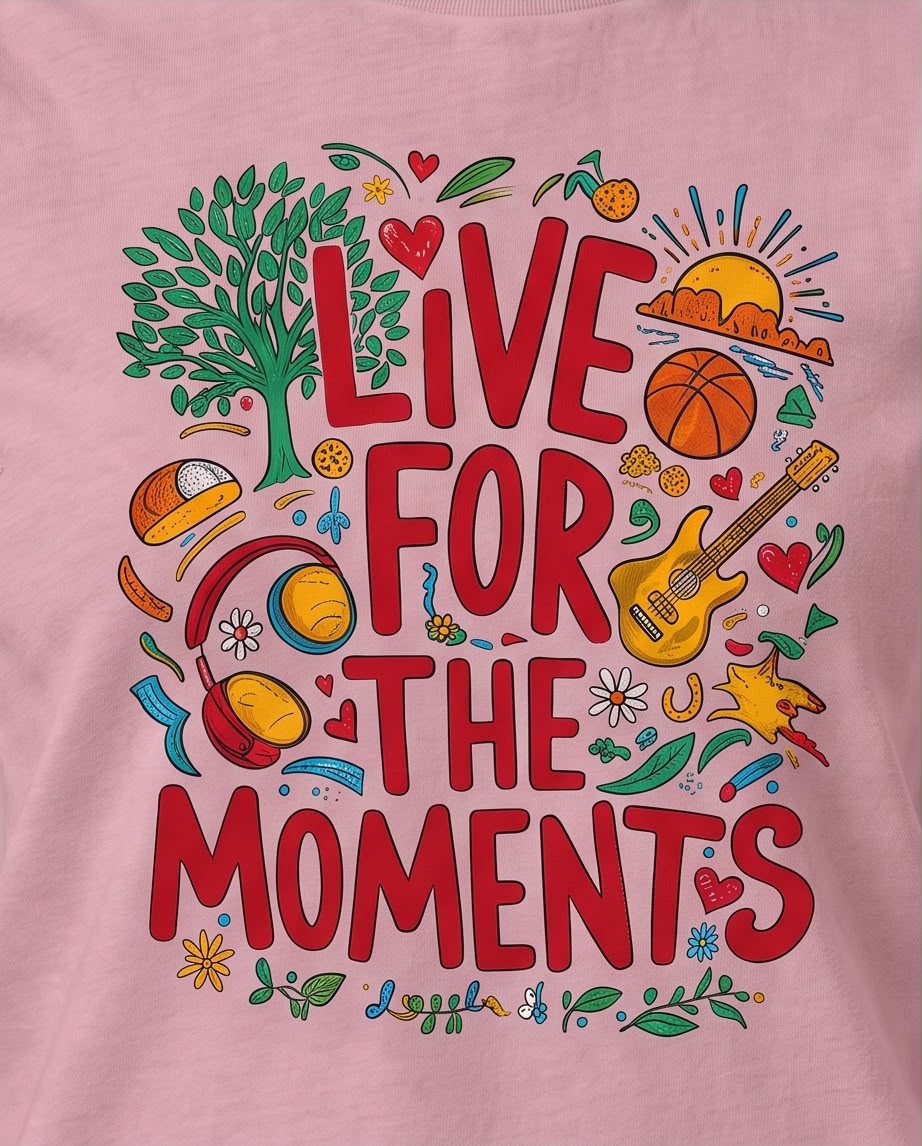 Camiseta rosa viejo Live For The Moments en look casual sentado