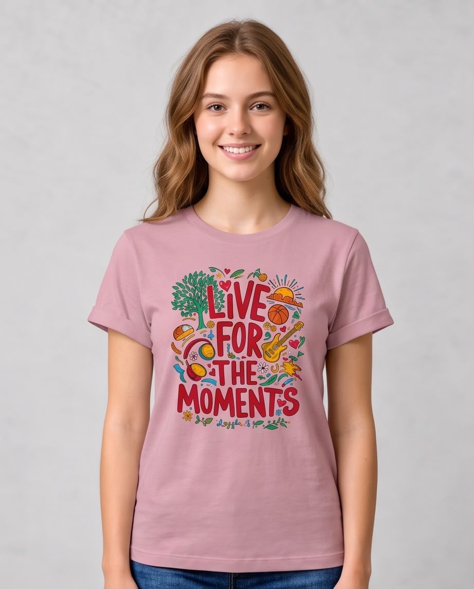 Camiseta rosa viejo con estampado colorido Live For The Moments, medio cuerpo