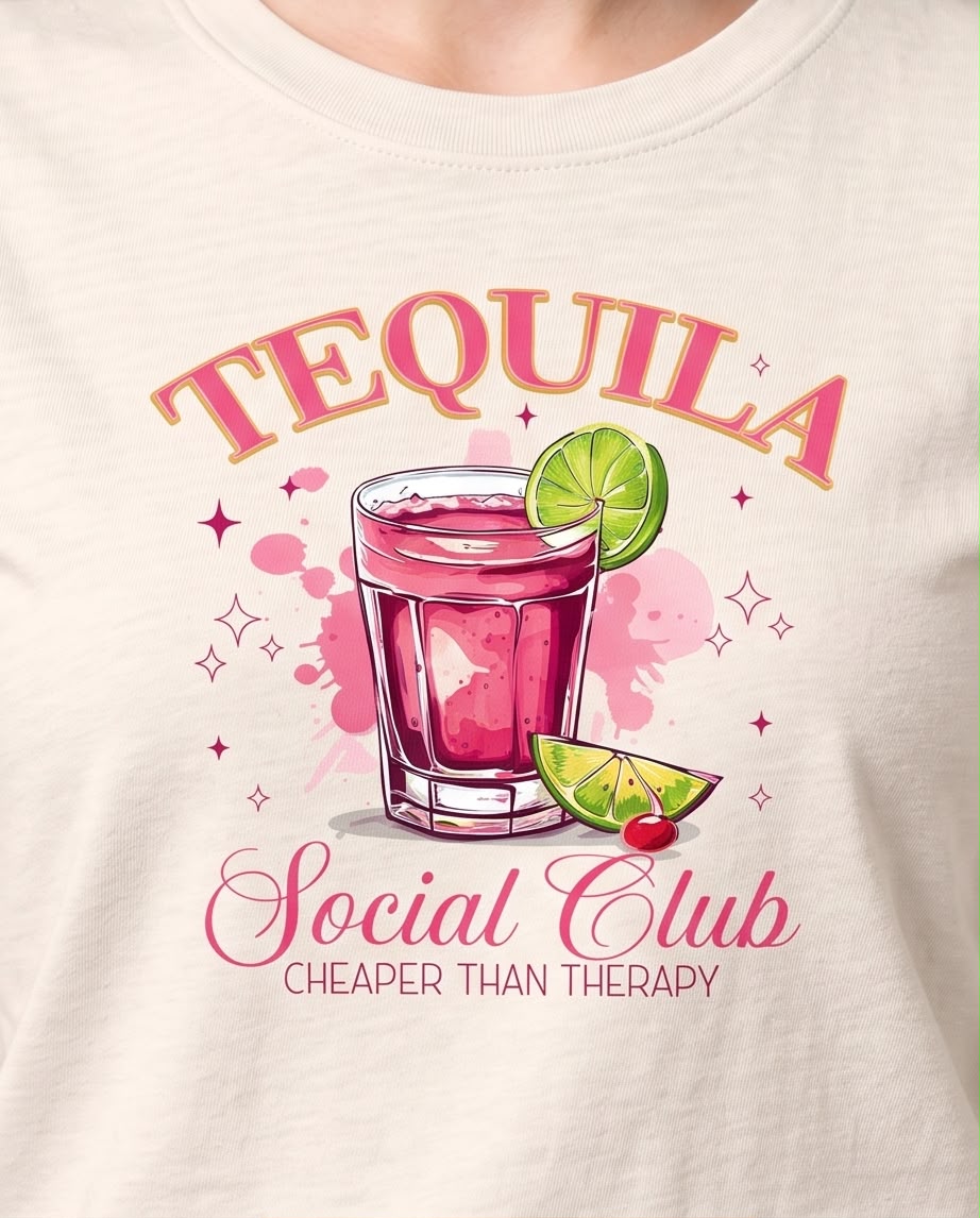 Detalle del estampado Tequila Social Club con vaso rosa y limón en camiseta vainilla