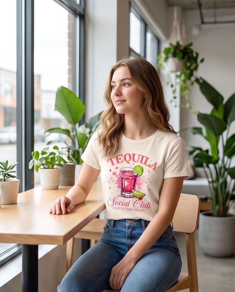 Camiseta vainilla Tequila Social Club en look casual sentado