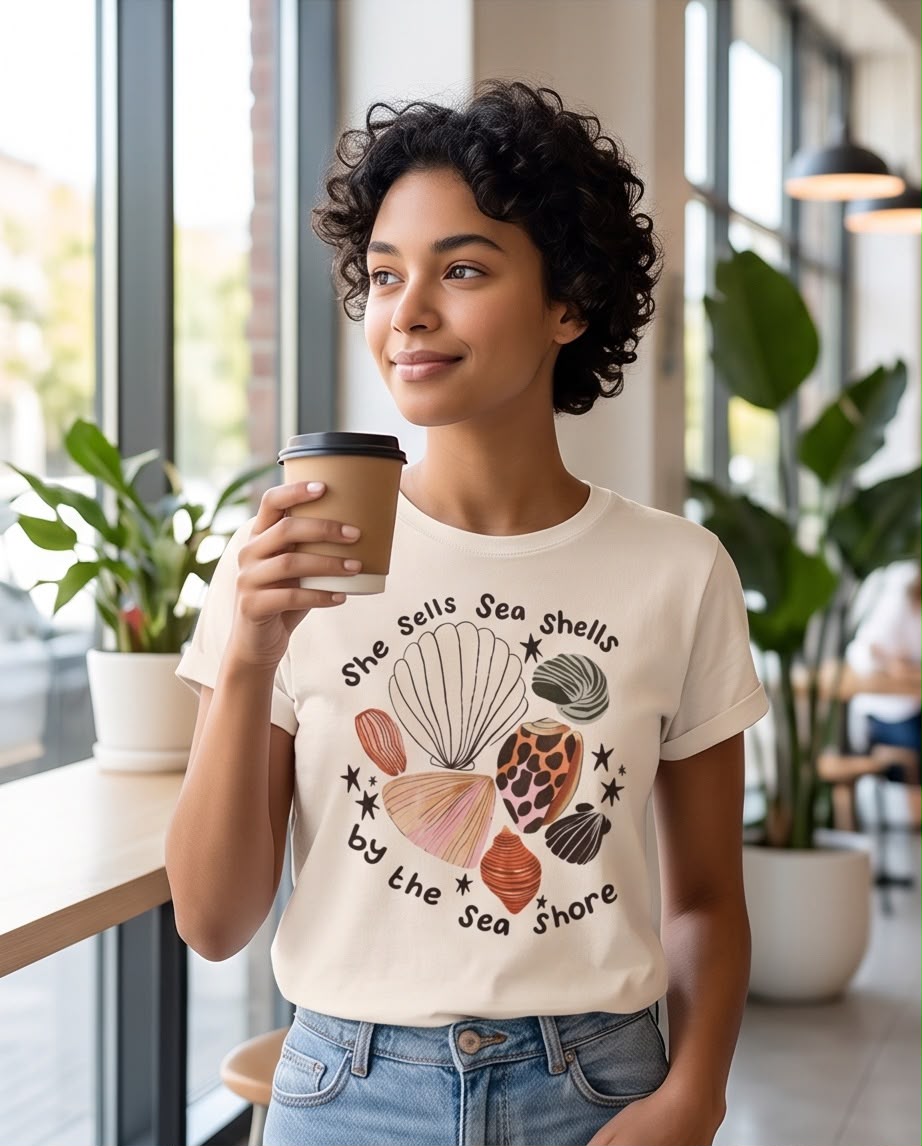 Camiseta vainilla de mujer con conchas marinas, look casual