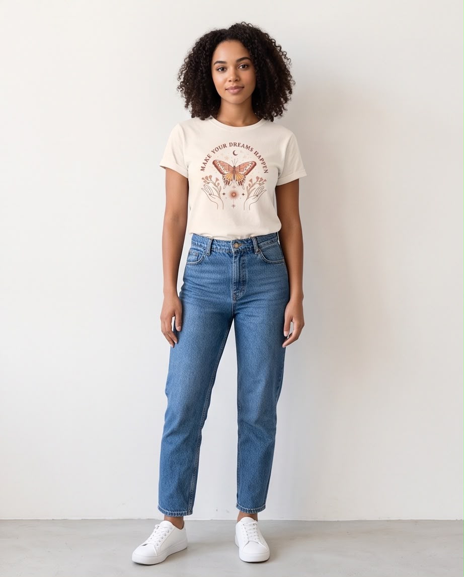 Detalle del estampado de mariposa y frase Make Your Dreams Happen