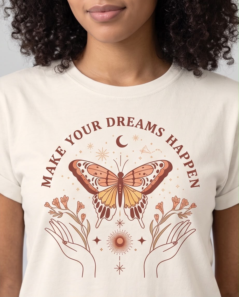 Camiseta vainilla de mujer con mariposa y frase Make Your Dreams Happen, look completo