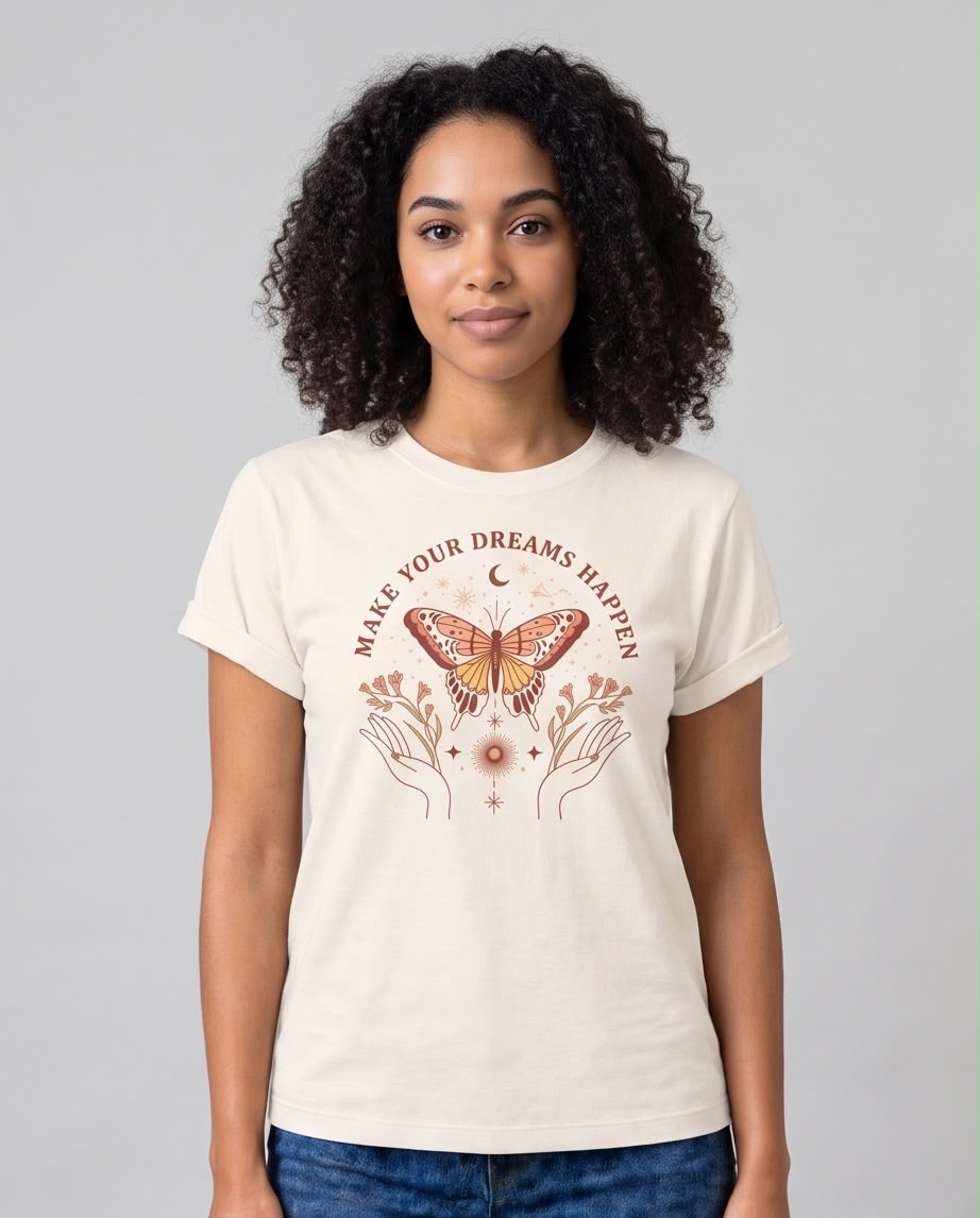 Camiseta vainilla Make Your Dreams Happen en look casual