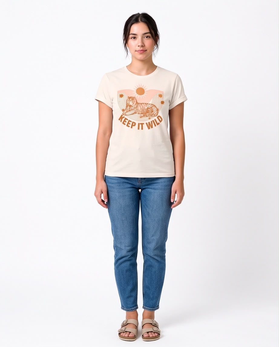 Detalle del estampado de tigre y frase Keep It Wild
