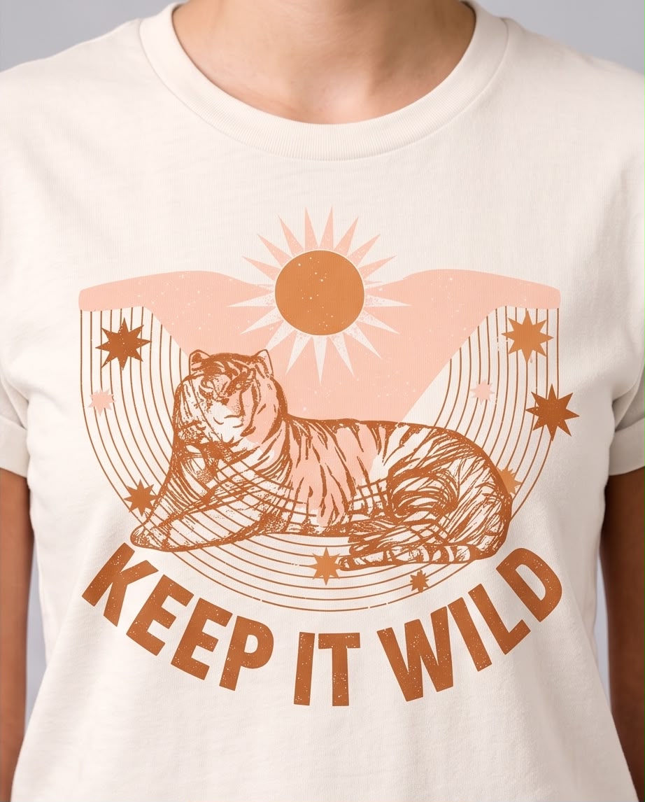 Camiseta vainilla con tigre, sol y frase Keep It Wild, vista frontal