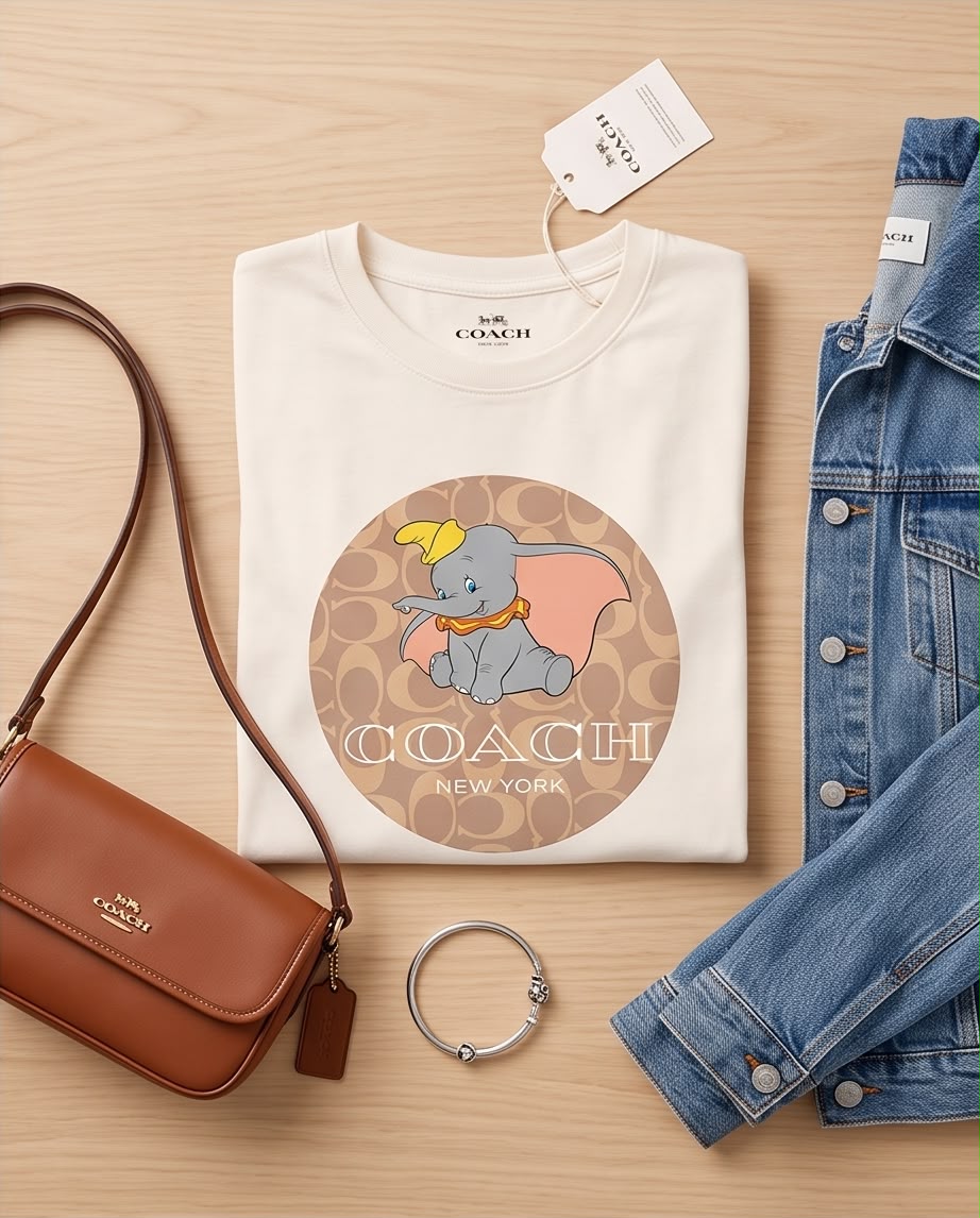 Camiseta crema con elefantito Coach New York doblada