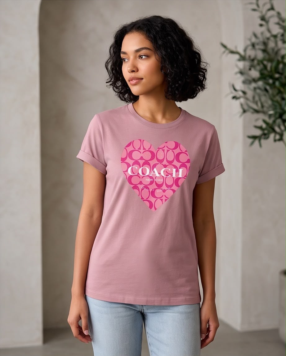 Camiseta rosa viejo Coach New York en look casual sentado