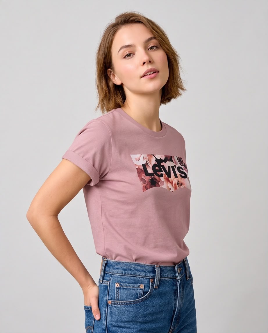 Camiseta rosa palo Levi's con flores en look casual con jeans