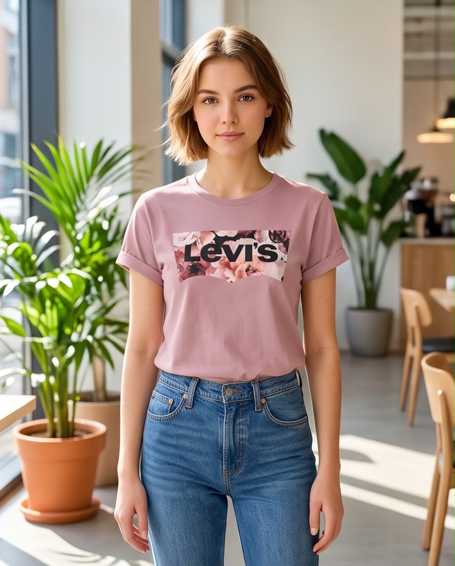 Detalle de camiseta rosa palo Levi's con logo negro sobre flores rosadas
