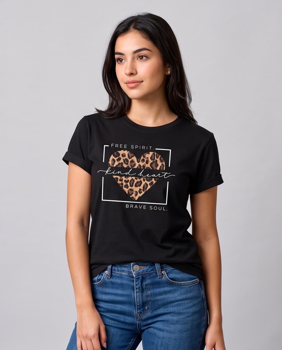 Camiseta negra con corazón animal print para mujer en look casual
