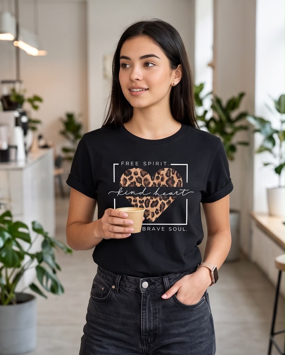 Camiseta negra de mujer con corazón animal print Kind Heart, modelo de frente