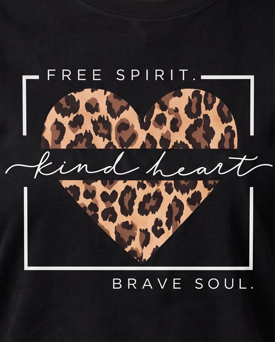 Detalle del estampado de corazón animal print y frases Free Spirit, Kind Heart, Brave Soul